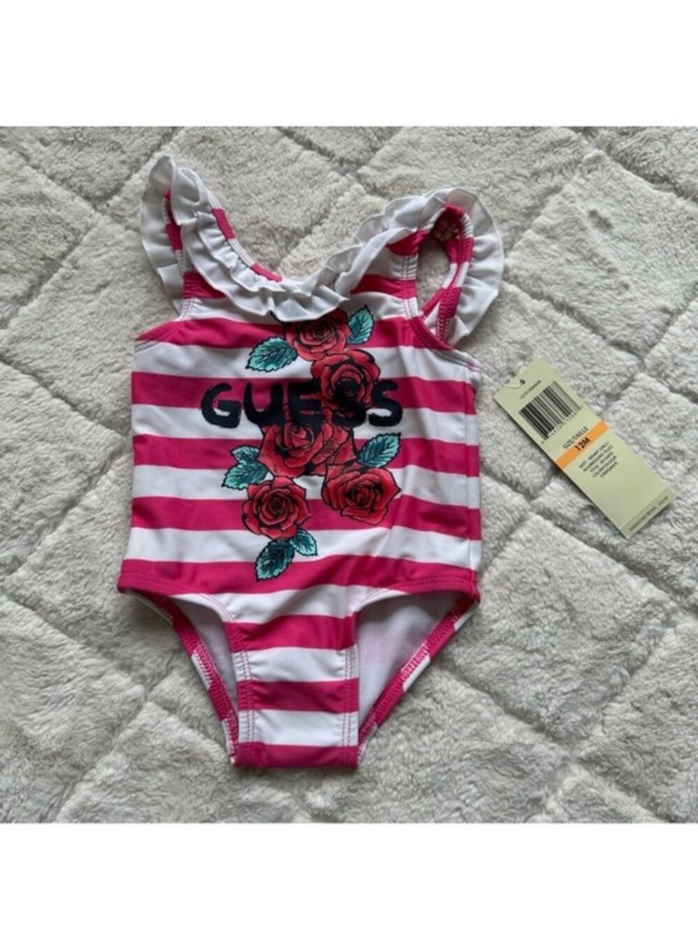 Guess | Pink and Cream Ruffle Striped Floral One piece Swim | Size 12 Months